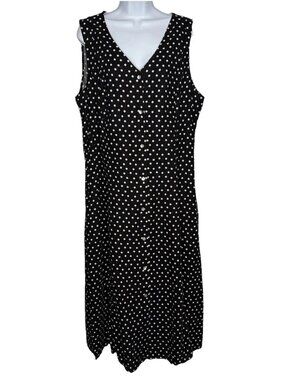 Tahari Linen Blend Midi Dress Size XL Black White Polka Dot Button Front